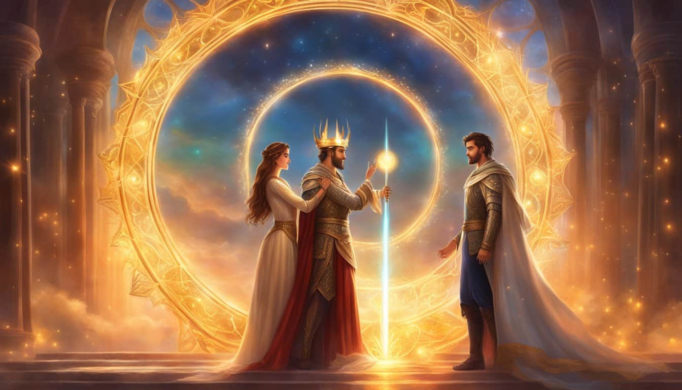 A couple stands under a single beam of light, surrounded by three glowing orbs. The number 111 is prominently displayed in the background, radiating love and harmony