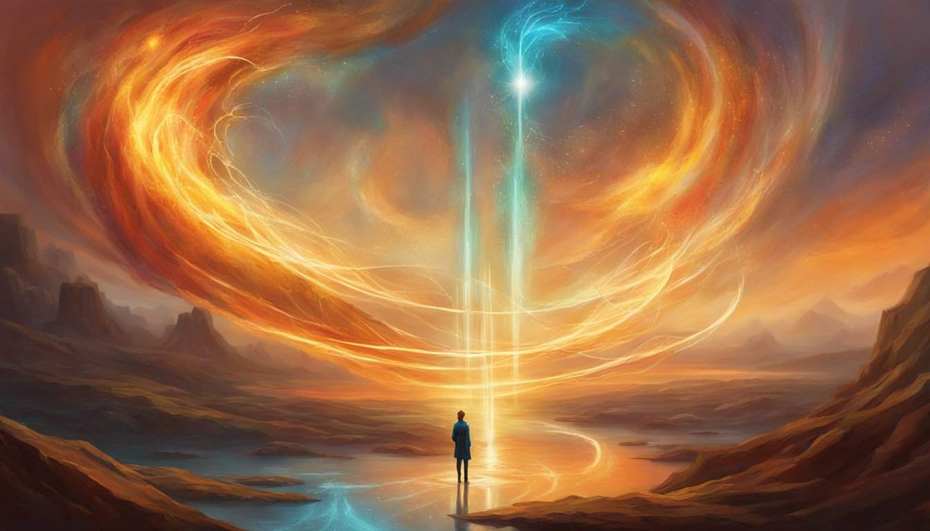 A figure stands at a crossroads, surrounded by swirling energy and a glowing number 111. The figure appears contemplative, with a sense of determination and guidance emanating from the scene