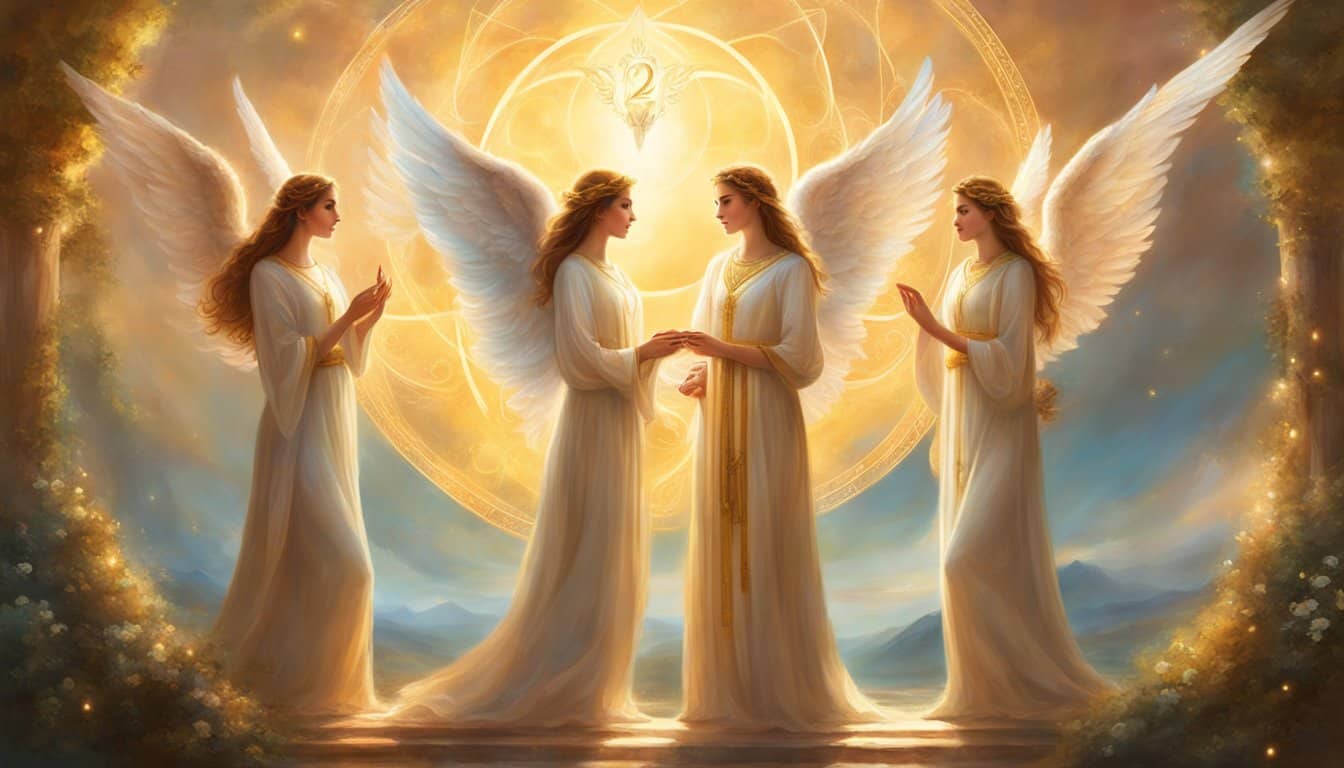 Three angels stand in a circle, each holding a number 2. The numbers glow with a soft, golden light, and a sense of peace and harmony radiates from the scene