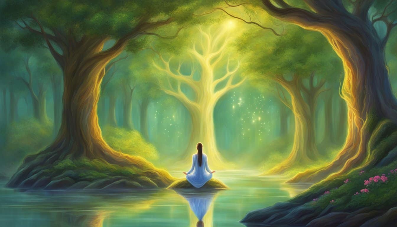 A serene figure meditates under two tall trees, surrounded by two gentle streams flowing in parallel. The number 222 glows softly in the sky above