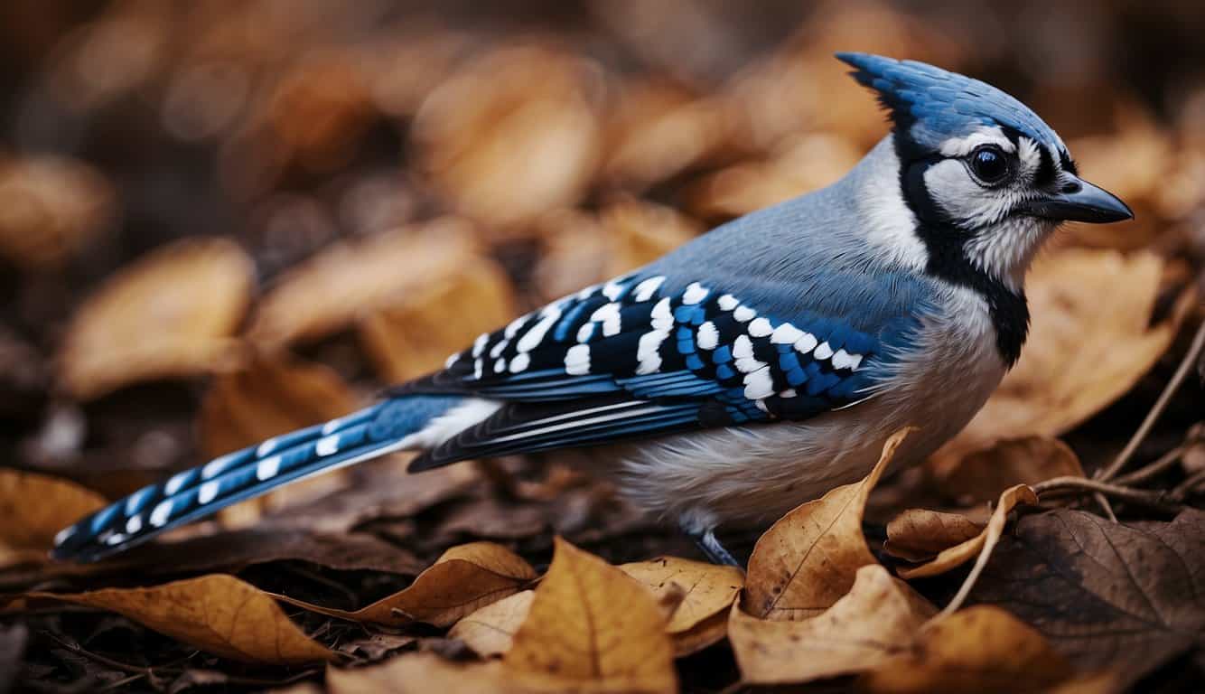 A Blue Jay feather lies on a bed of fallen leaves, surrounded by two intertwined flames in shades of blue and orange