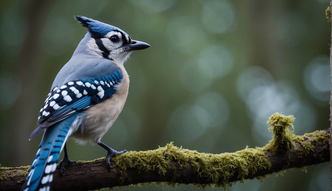 A blue jay perched on a branch, surrounded by vibrant blue feathers, with a sense of intelligence and confidence
