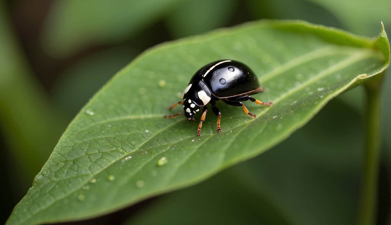 A black ladybug crawls on a vibrant green leaf, symbolizing protection and good luck