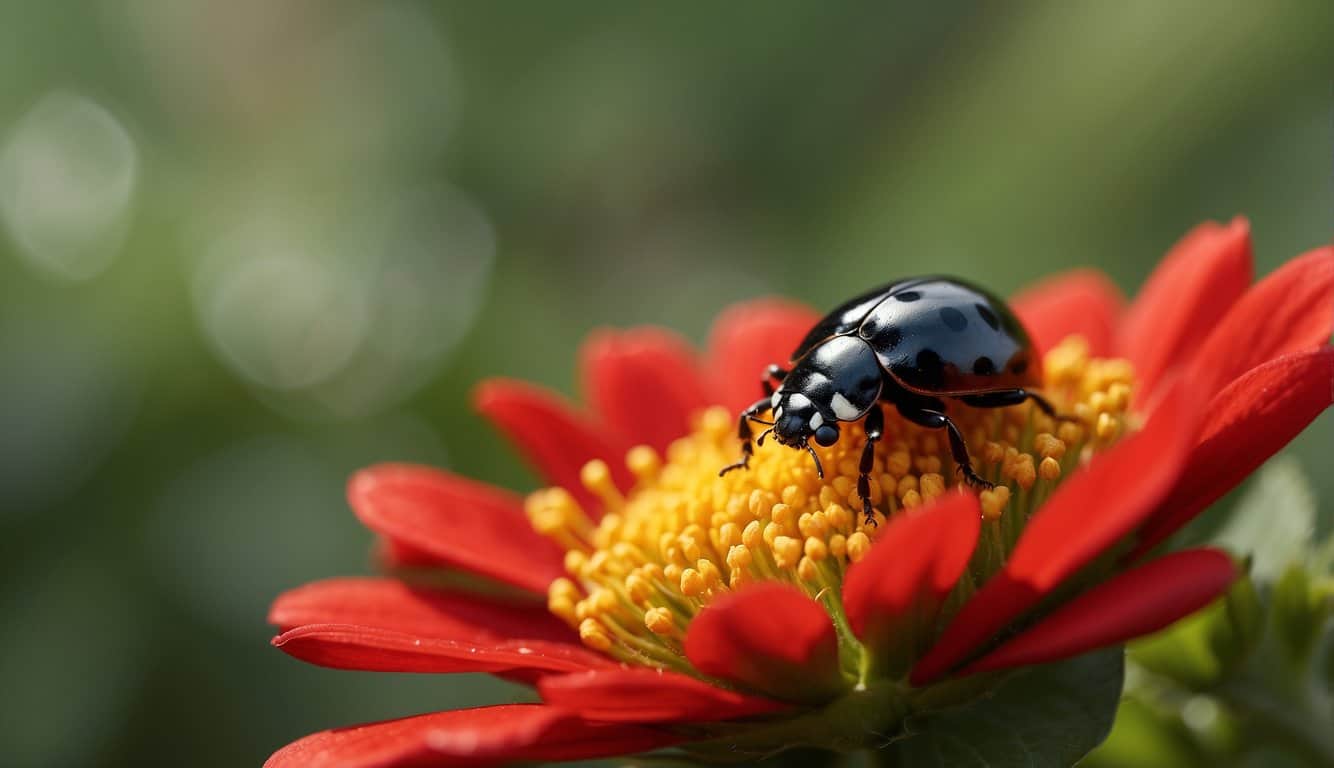 A black ladybug rests on a vibrant red flower, symbolizing protection and good luck
