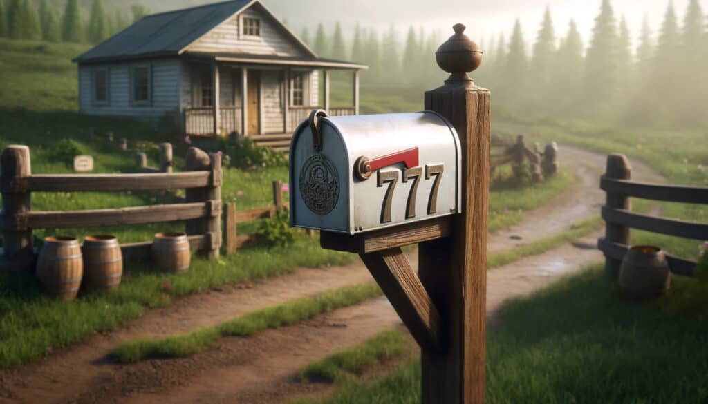 A rural house with a mailbox with the number 777 on it