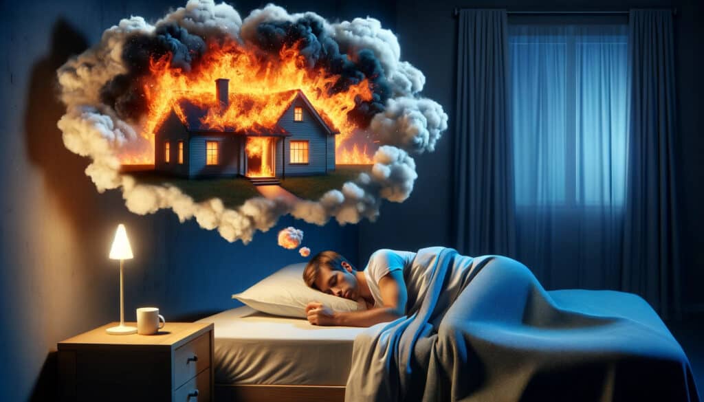 person asleep in bed dreaming of a house fire