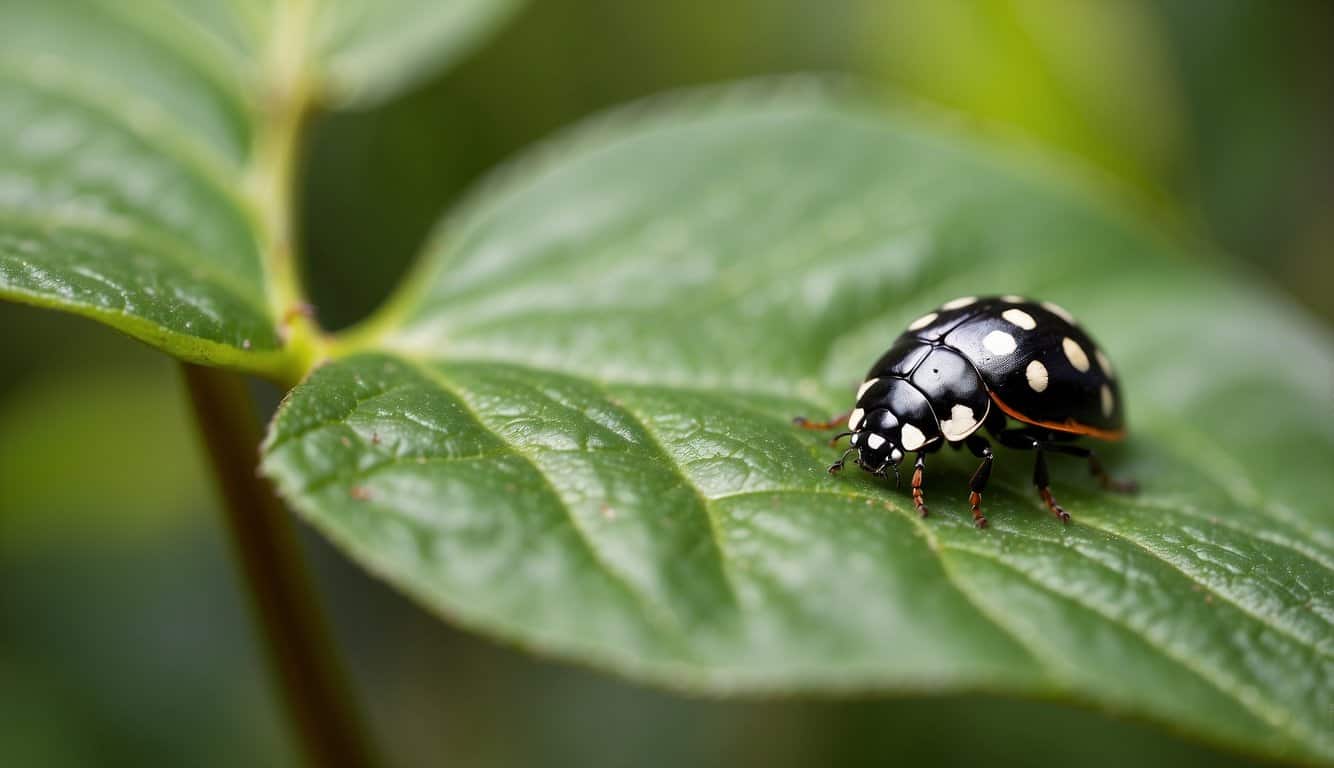 A black ladybug stands out against a vibrant green leaf, its unique coloration drawing attention