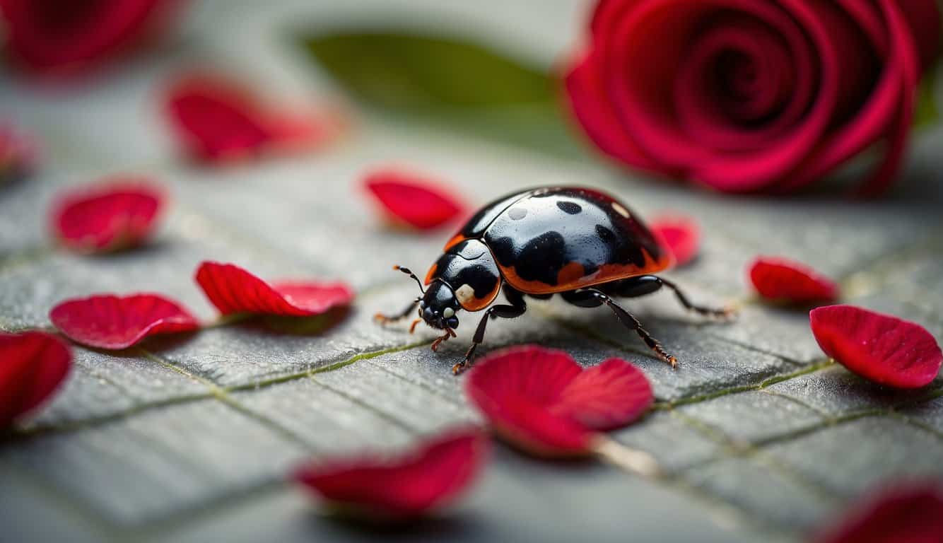 A black ladybug lands on a vibrant red rose petal, contrasting colors symbolizing mystery and transformation