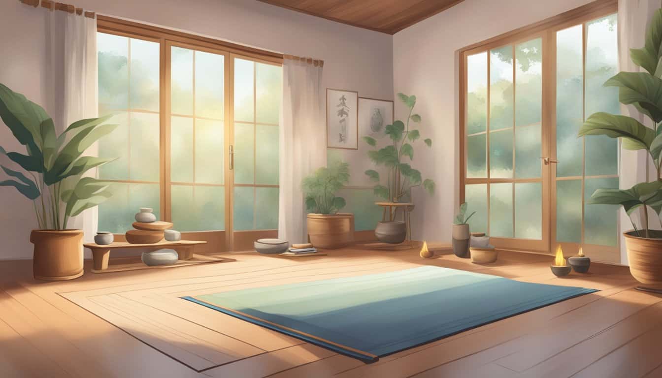 A serene studio with a calm atmosphere, a mat positioned for practice, and the subtle aroma of incense in the air