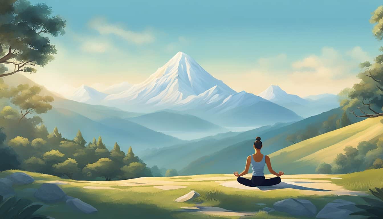A serene mountain landscape with a clear blue sky, depicting the origins and philosophy of Ashtanga yoga vs Vinyasa yoga. The scene should evoke a sense of tranquility and connection with nature