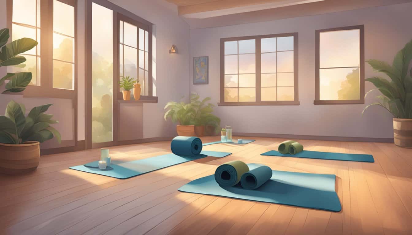 A serene studio with two yoga mats, one labeled "Ashtanga" and the other "Vinyasa." Soft lighting and calming decor create a peaceful atmosphere for practicing yoga