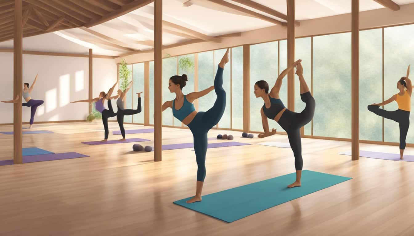 A yoga studio with two distinct groups, one following the structured movements of ashtanga yoga, the other flowing through vinyasa sequences
