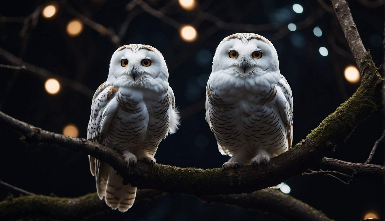 A white owl perched on a branch, its feathers glowing in the moonlight, surrounded by the darkness of the night