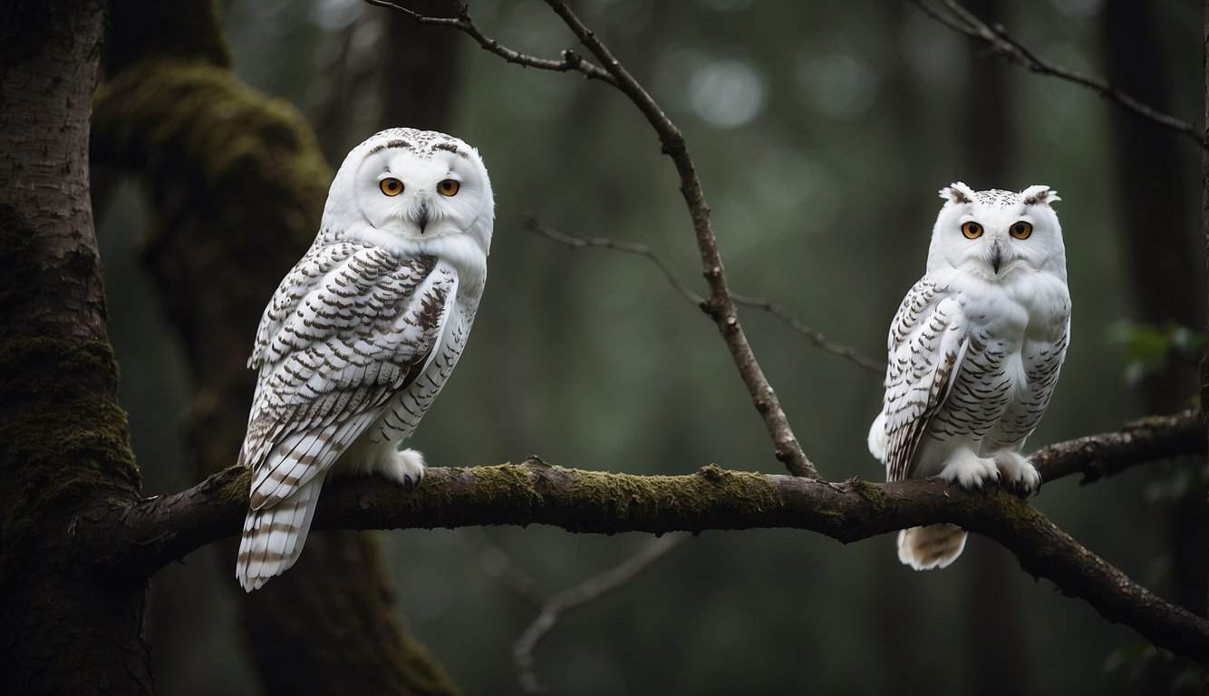 A white owl perches on a gnarled branch, its bright eyes piercing the darkness, symbolizing wisdom and intuition