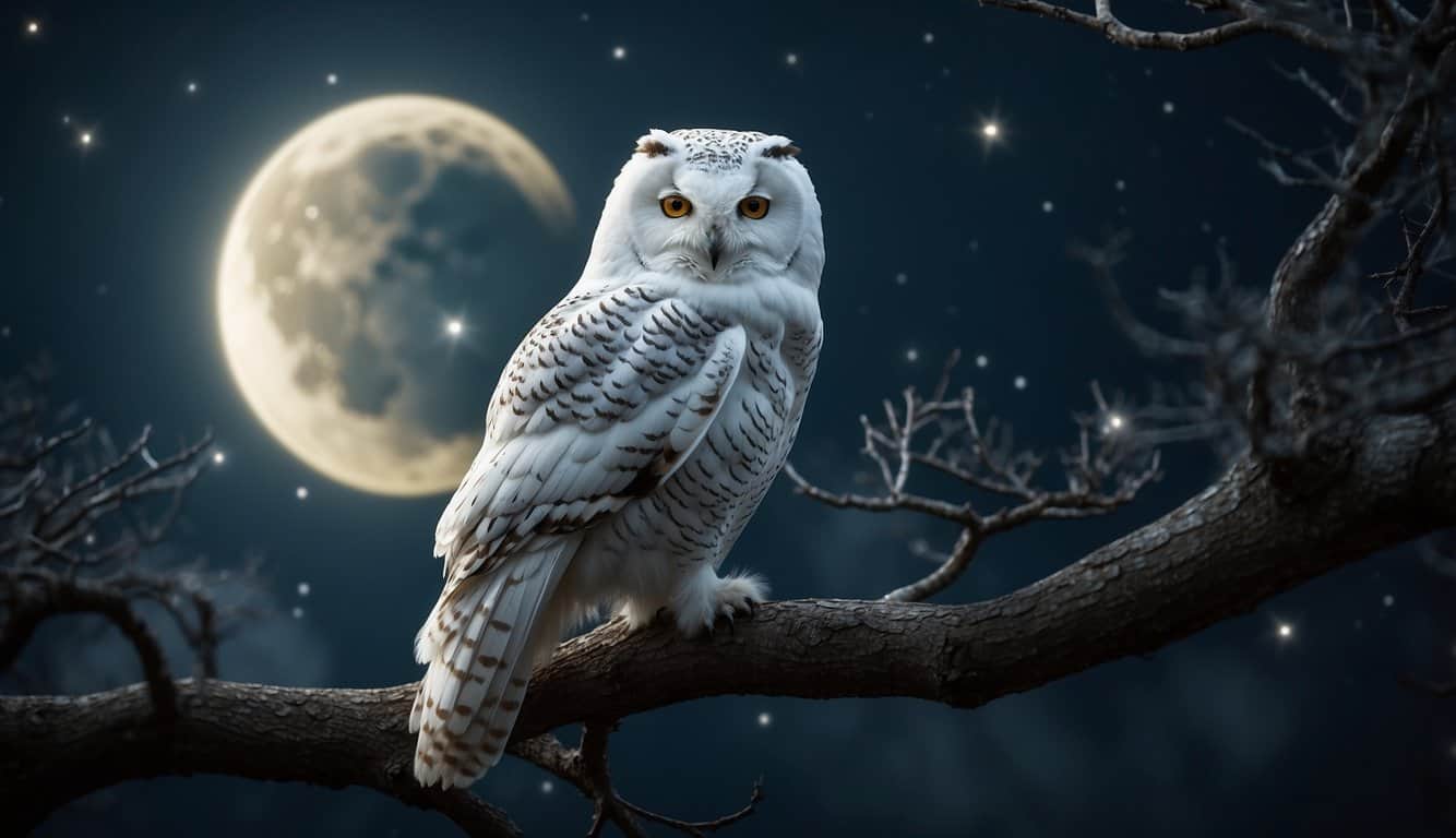 A white owl perched on a dark tree branch under a full moon, its wings spread wide, symbolizing wisdom and mystery in the night