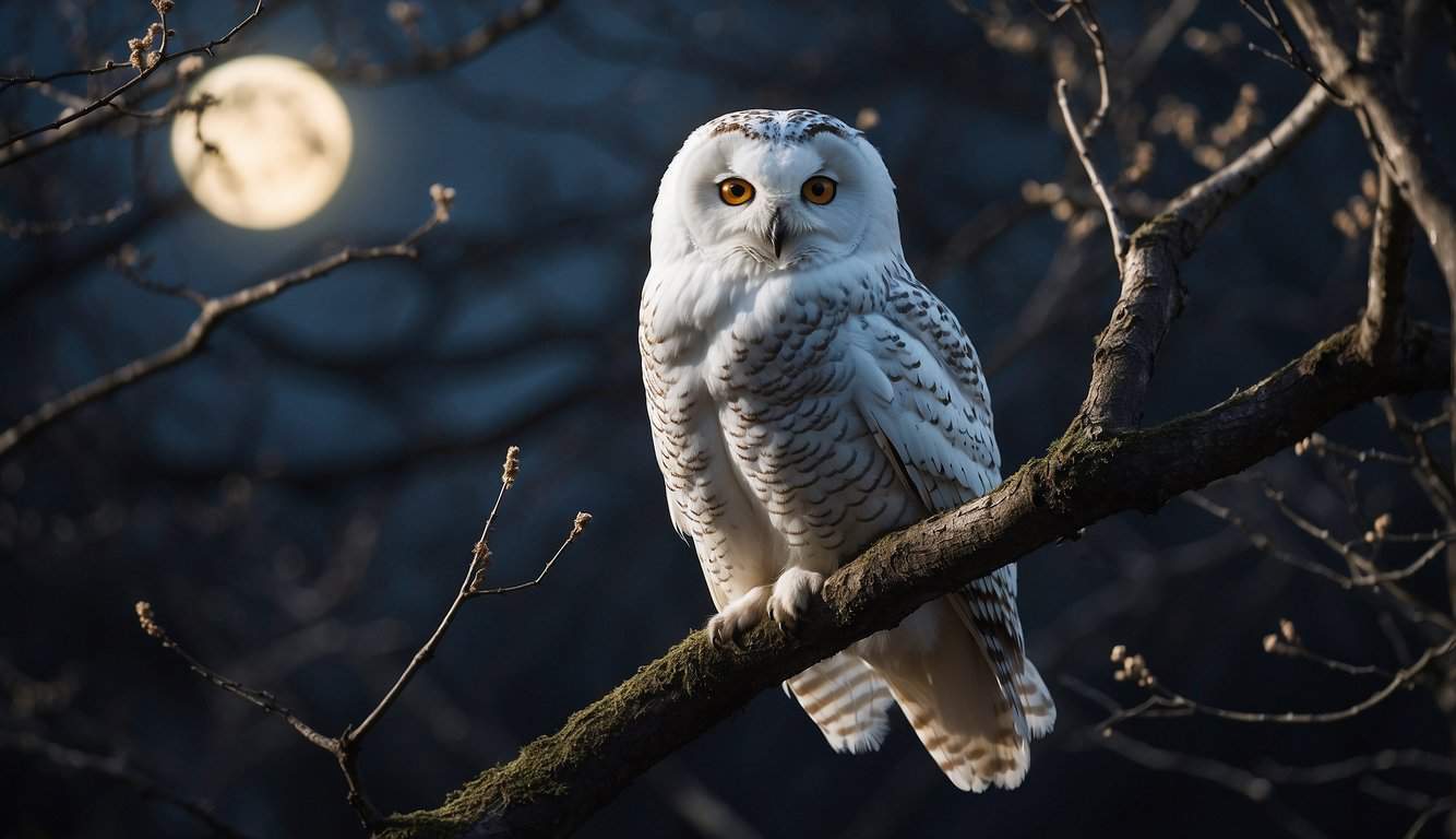 A white owl perched on a branch, its feathers glowing in the moonlight, as it gazes out into the night, its piercing eyes capturing the stillness of the moment