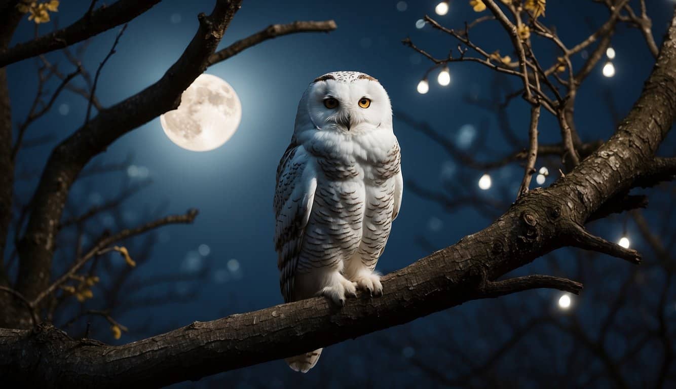 A white owl perched on a tree branch at night, with a full moon illuminating its feathers, symbolizing messages from the spiritual realm