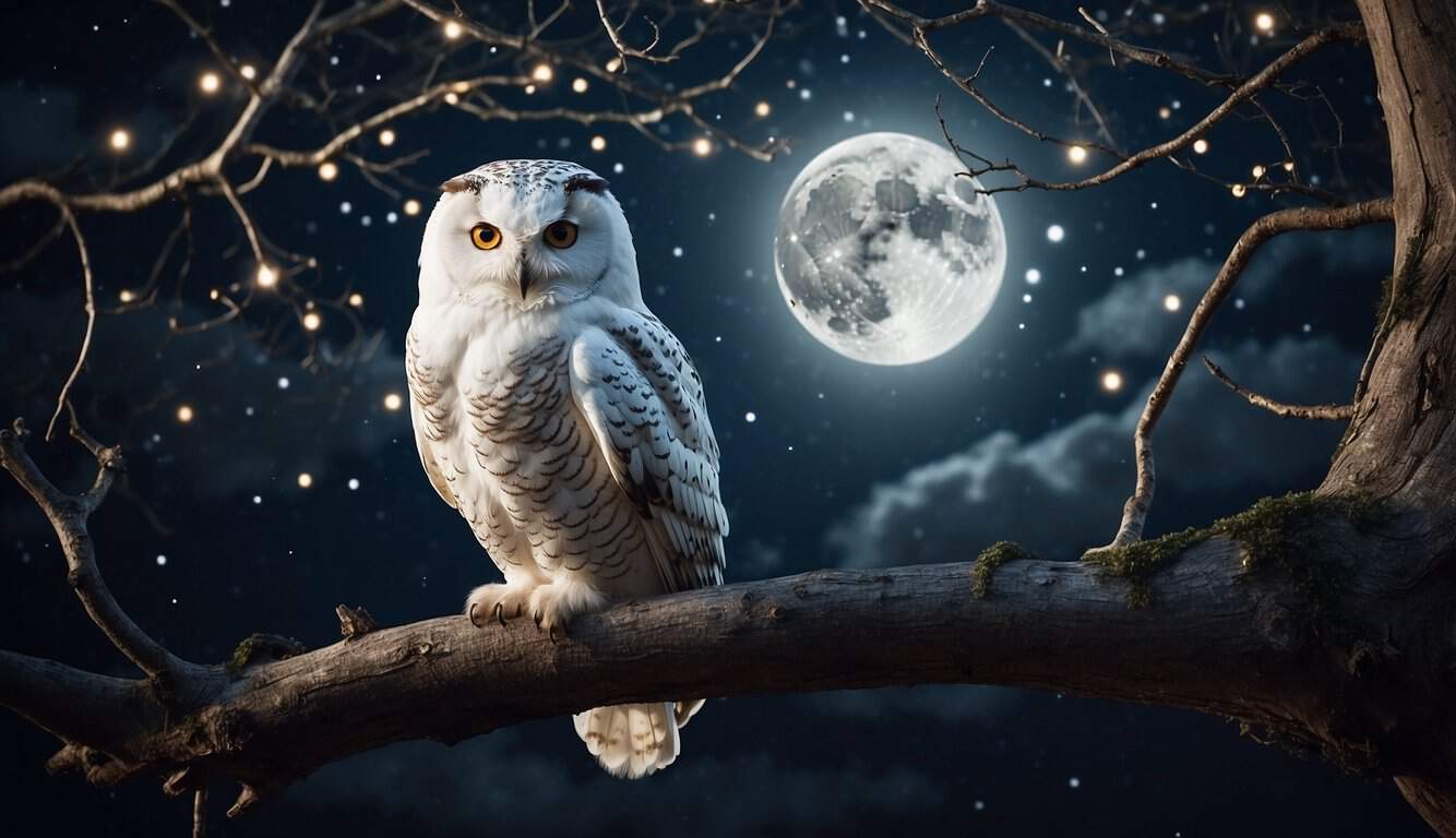 A white owl perched on a tree branch under the moonlight, symbolizing spiritual wisdom and guidance