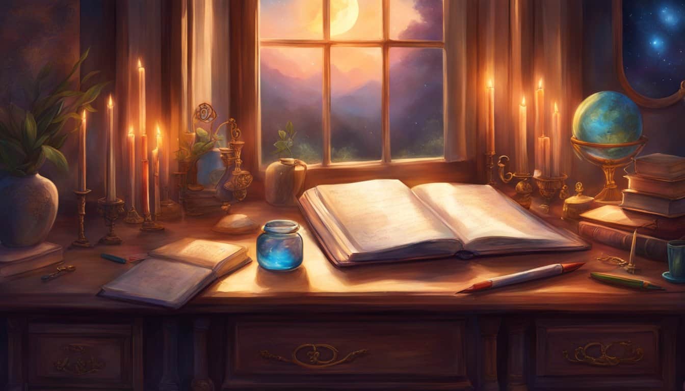 A dream journal sits open on a bedside table, surrounded by scattered pens and pencils. A soft glow from the moonlight filters through the window, casting gentle shadows across the room