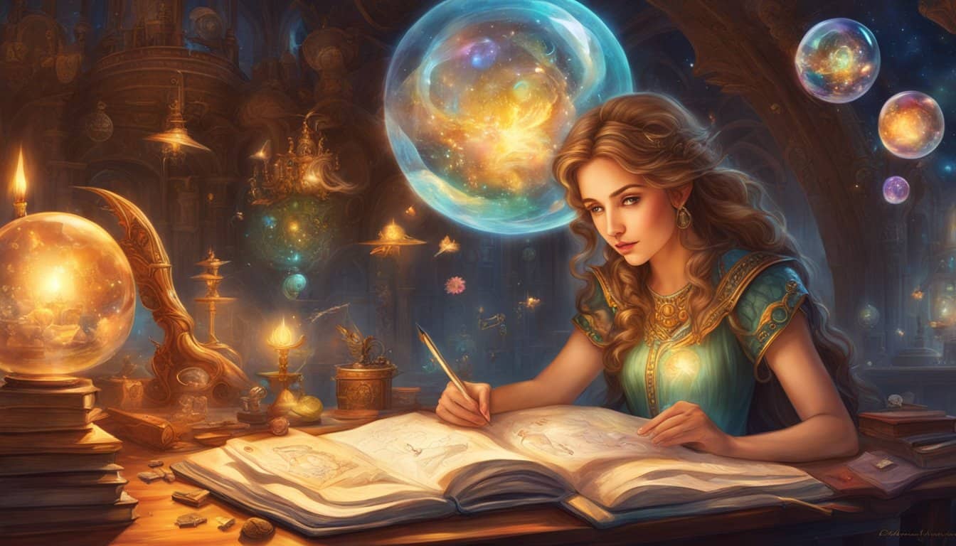 A dreamer sits at a desk with a notebook, pen, and a puzzled expression. A dream bubble hovers above, filled with various symbols and images