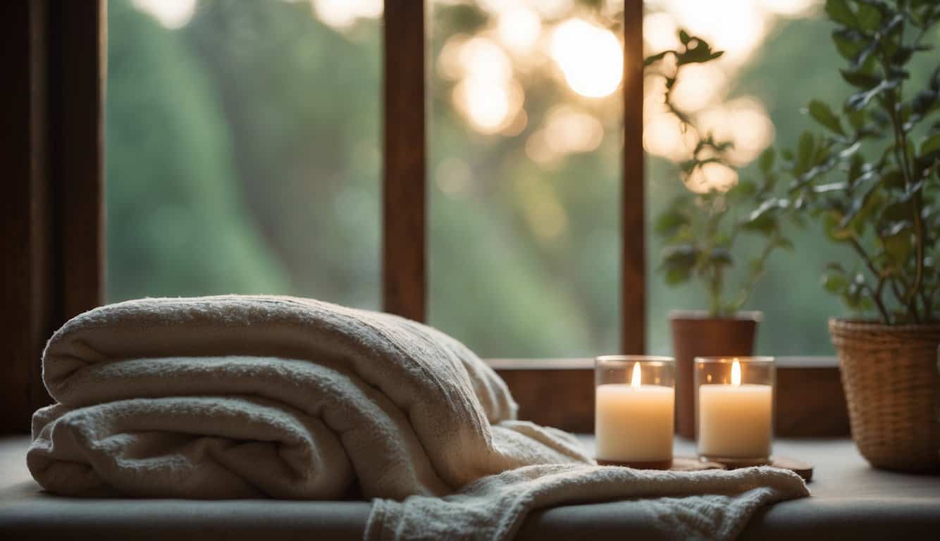 A serene setting with soft lighting, props like bolsters and blankets, and a peaceful atmosphere. The scene should convey a sense of relaxation and stillness, with elements of gentle stretching and deep release