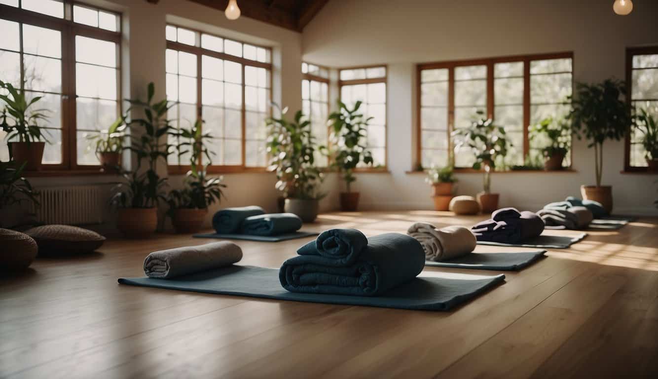A serene yoga studio with dim lighting, bolsters and blankets arranged for restorative poses. Peaceful ambiance with soft music playing