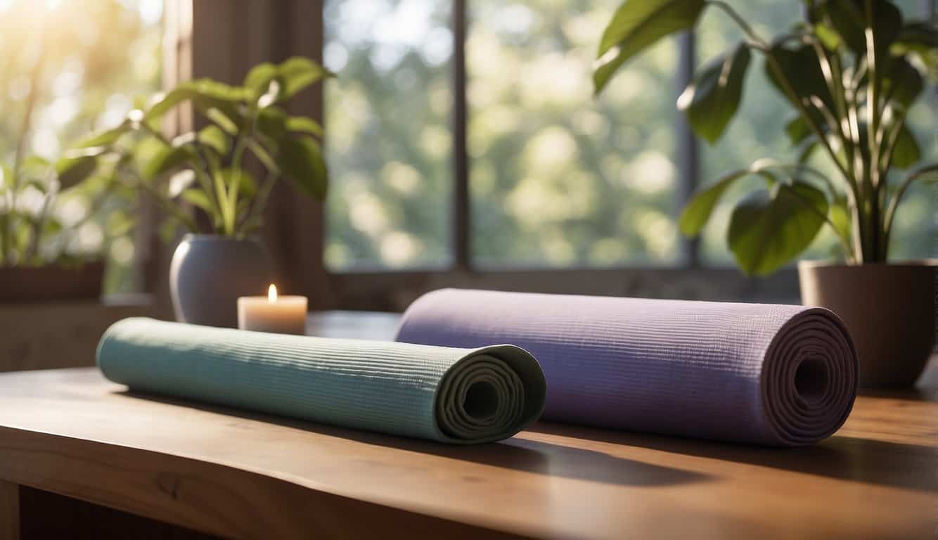 A serene setting with two yoga mats, one with props for restorative yoga and the other with minimal props for yin yoga. Soft lighting and calming decor create a peaceful atmosphere