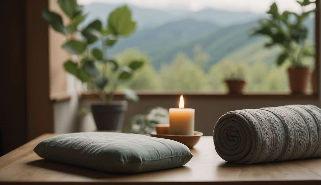 A serene setting with props like bolsters and blankets for restorative yoga, and minimal props for yin yoga, with a focus on stillness and deep stretching