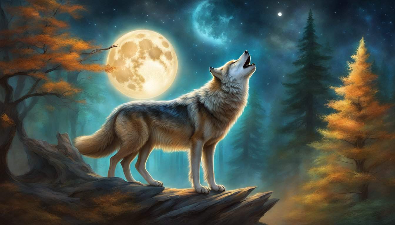 A wolf howls under a full moon, surrounded by ancient trees and glowing with a sense of wisdom and guidance