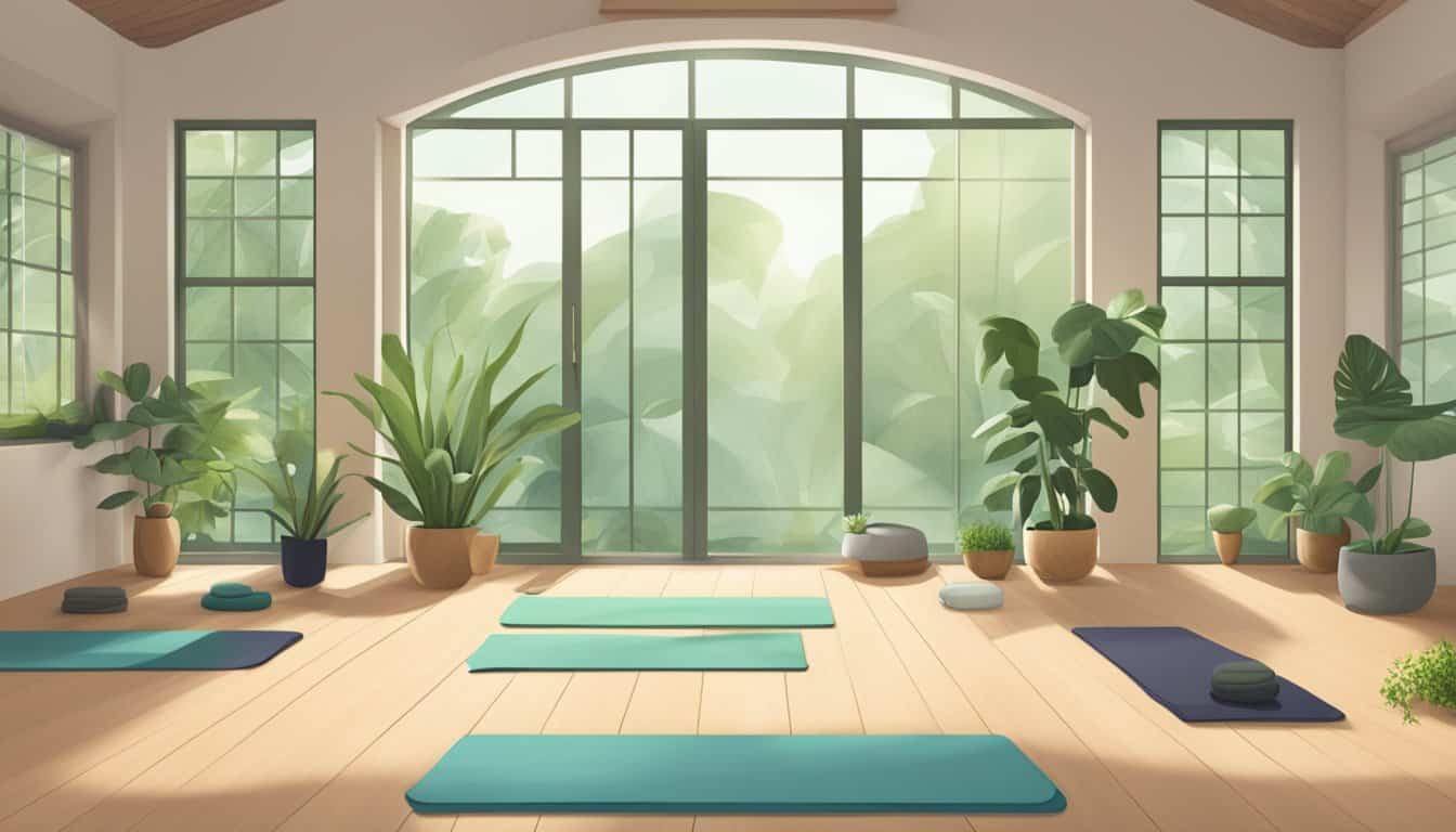 A serene yoga studio with various props and mats, surrounded by lush greenery and natural light