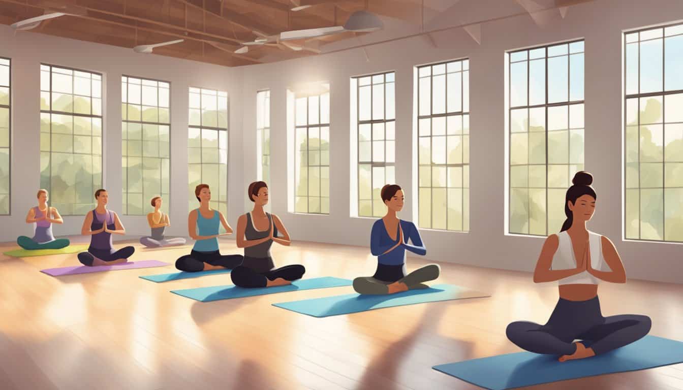 A group of energetic and athletic yoga beginners practicing various yoga styles in a spacious and serene studio setting