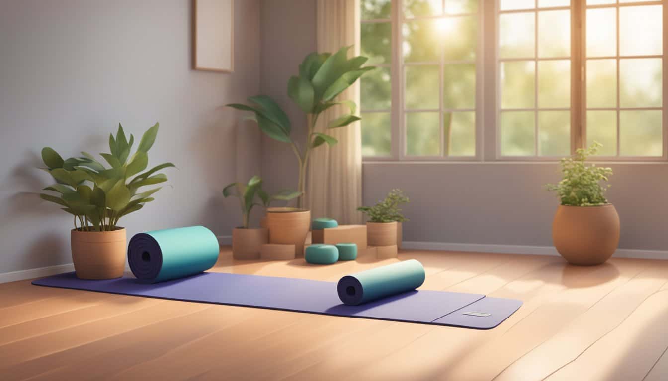 A yoga mat, blocks, and a strap lay on the floor next to a peaceful setting with soft lighting and greenery