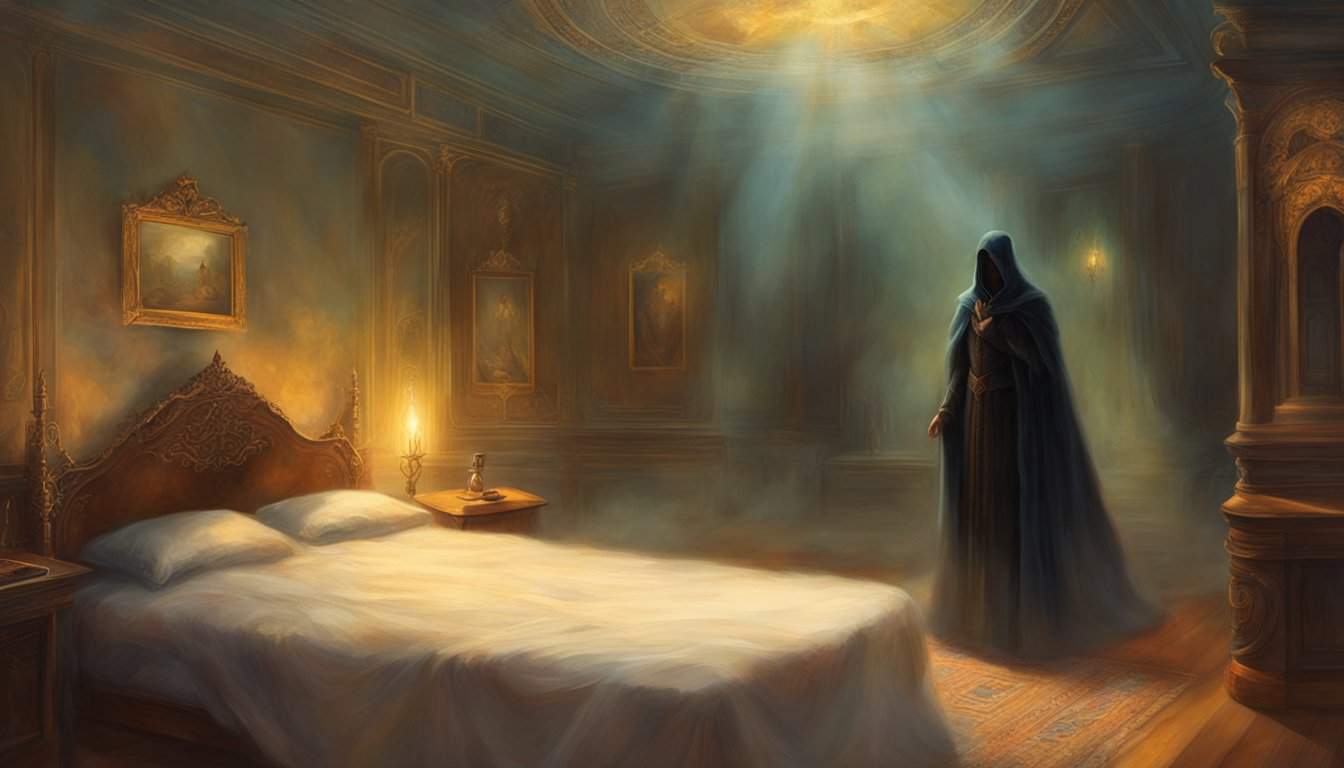 A dark figure looms over a bed, casting a long shadow. The room is shrouded in mist, and a sense of impending doom fills the air