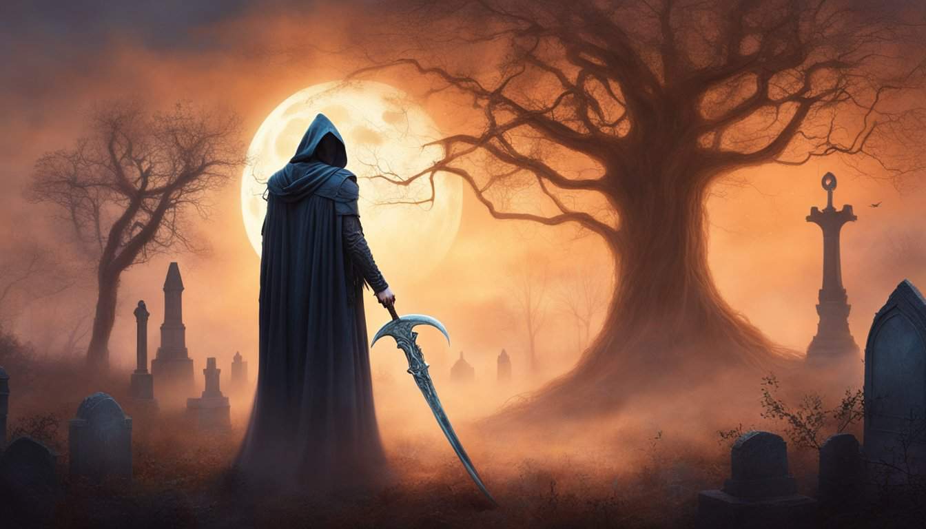 A hooded figure stands in a misty graveyard, holding a scythe. The moon casts an eerie glow on the skeletal trees