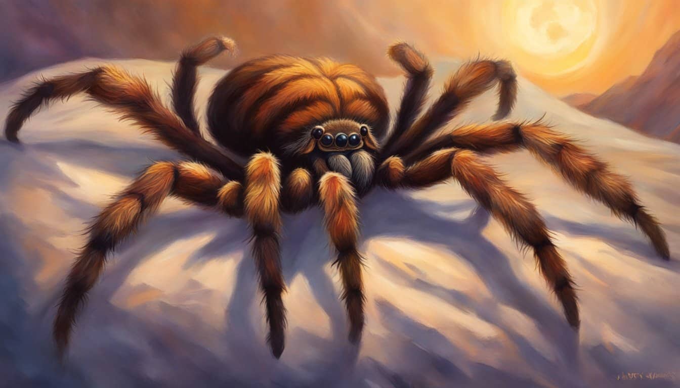 A hairy tarantula crawls across a dreamer's pillow, casting a looming shadow in the moonlight