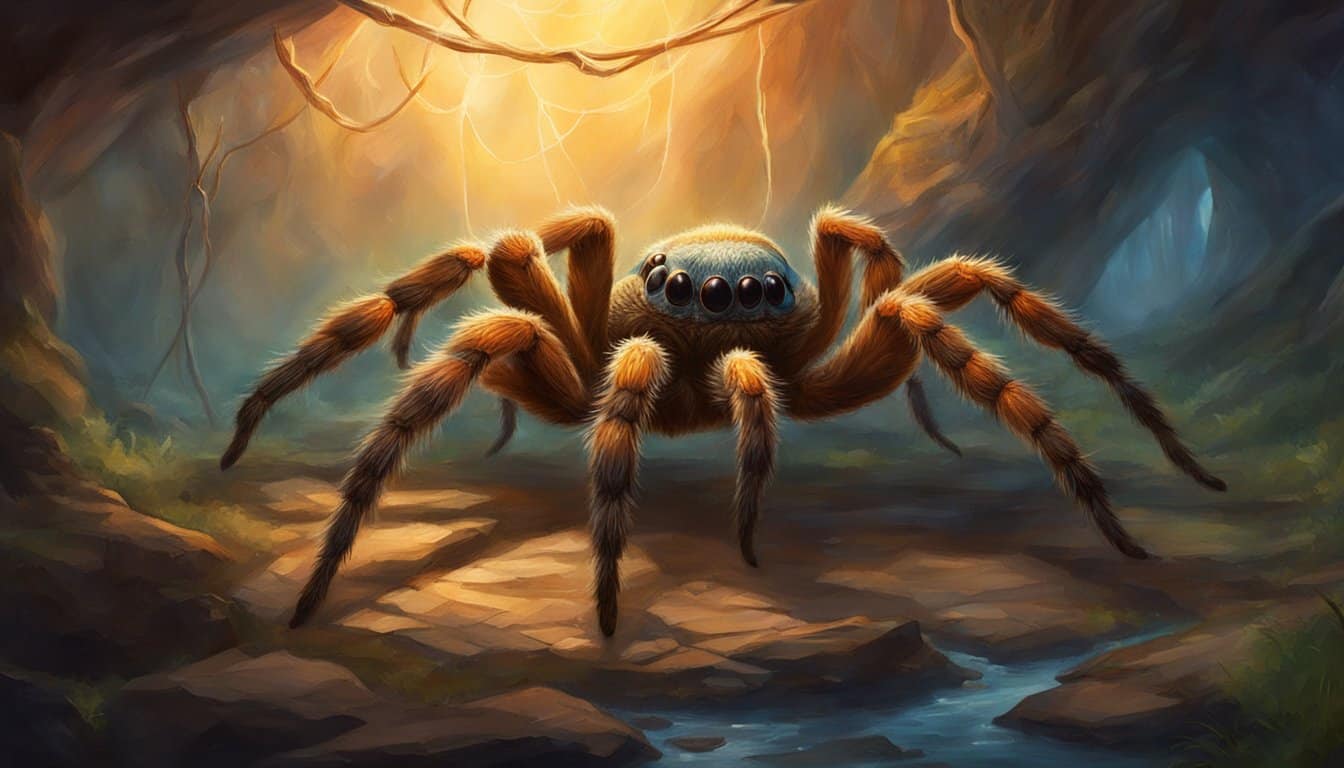 A large tarantula crawls across a web in a dimly lit cave