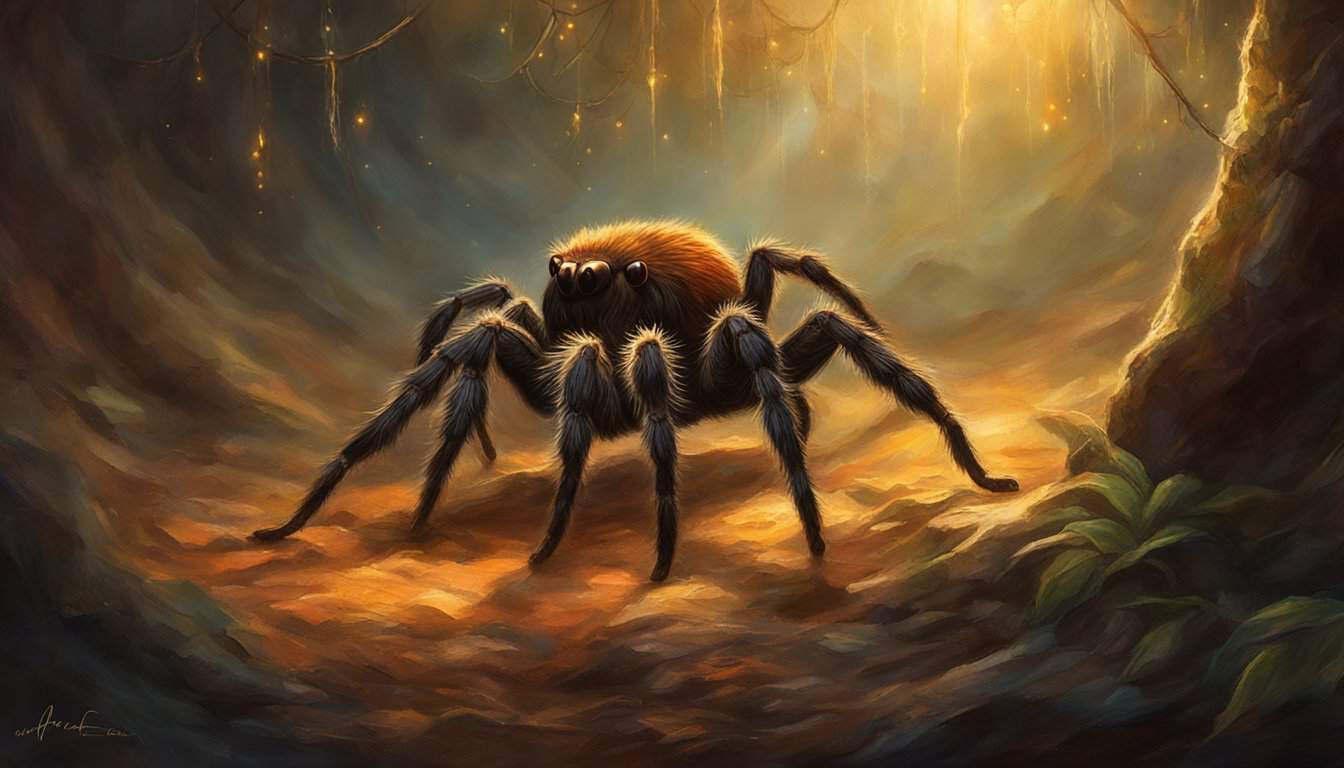 A tarantula crawls along a web in a dark, damp cave, its hairy legs and body glistening in the dim light