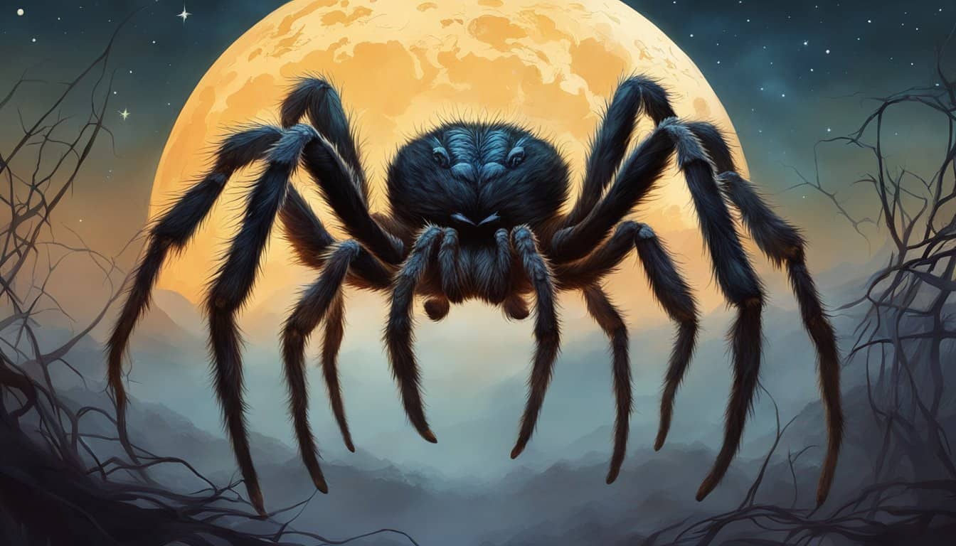 A large tarantula crawls across a web, its hairy legs and body creating a menacing silhouette against the moonlit sky