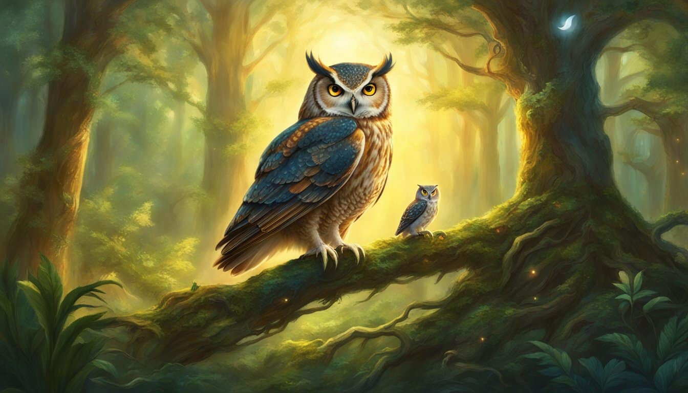 A person stands in a lush forest, surrounded by various animals. A beam of light shines down, illuminating a wise old owl perched on a branch