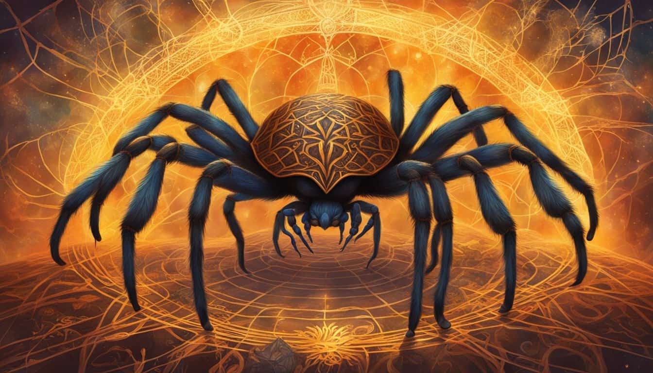 A large tarantula crawls across a web, surrounded by symbols of fear and mystery