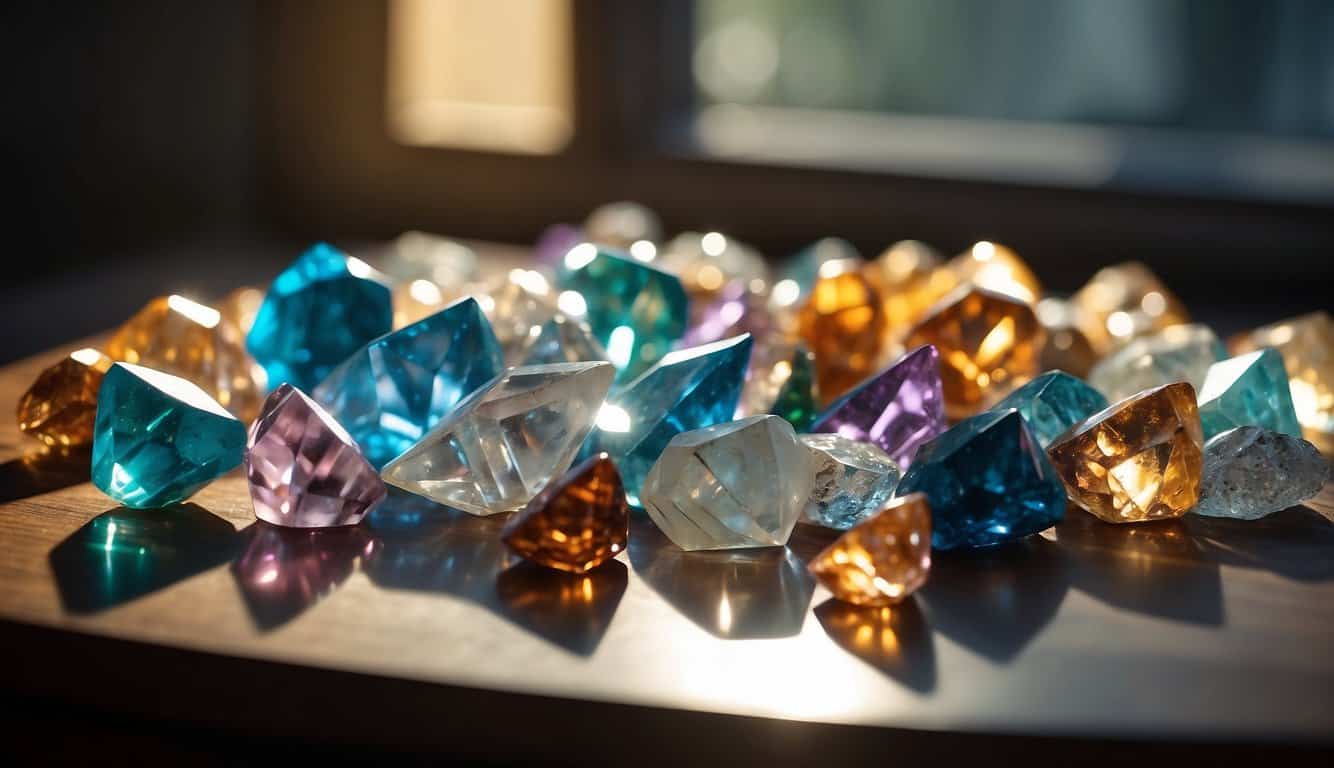 A variety of crystals arranged on a table, with a book open to a page about their meanings. Light filters through a nearby window, casting colorful reflections on the crystals