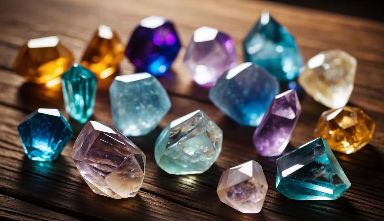 A collection of crystals arranged on a wooden table, each one labeled with its name and meaning. A soft glow emanates from the crystals, casting a calming and peaceful atmosphere
