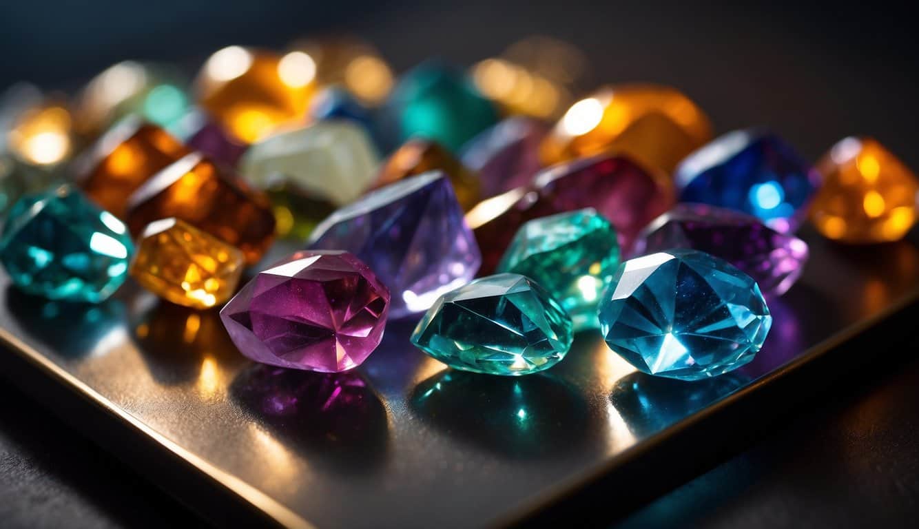 A table adorned with various crystals, each labeled with their corresponding meanings. A beam of sunlight illuminates the crystals, casting colorful reflections