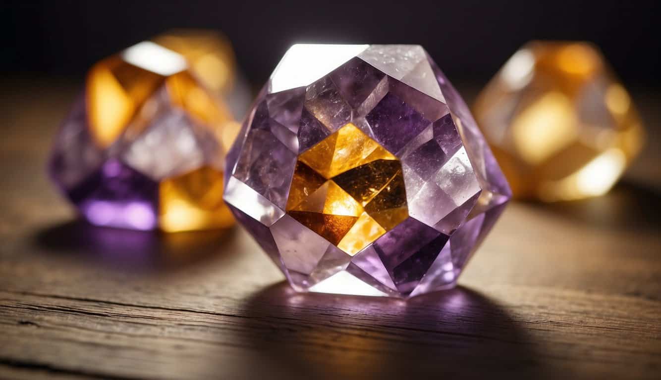 A crystal grid with clear quartz, amethyst, and citrine arranged in a geometric pattern on a wooden surface, surrounded by soft lighting and a serene atmosphere