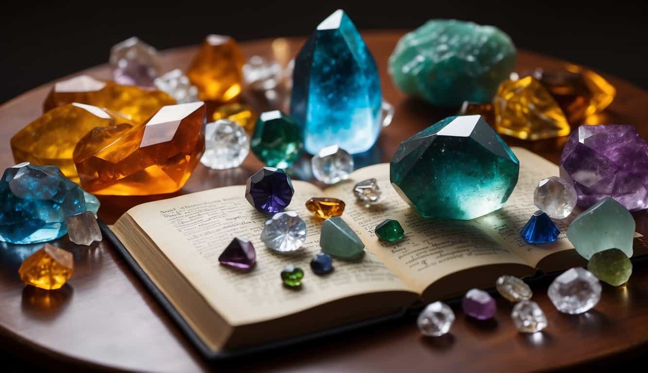 A table with various crystals arranged neatly, each labeled with its name and meaning. A book titled "Guide to Crystals and Their Meanings" lies open next to them