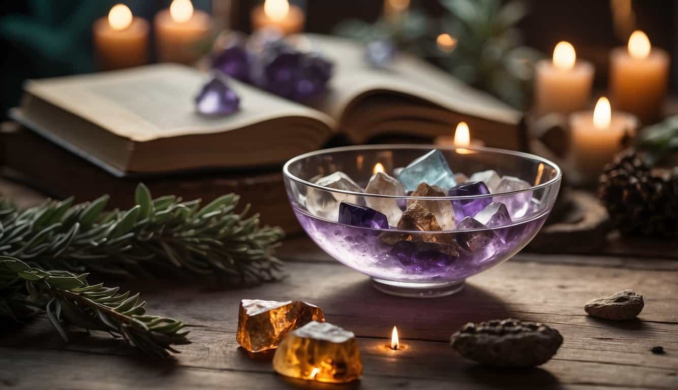 A table adorned with various crystals, surrounded by burning sage and palo santo, symbolizing protection and cleansing. A book open to pages detailing each crystal's meaning sits nearby
