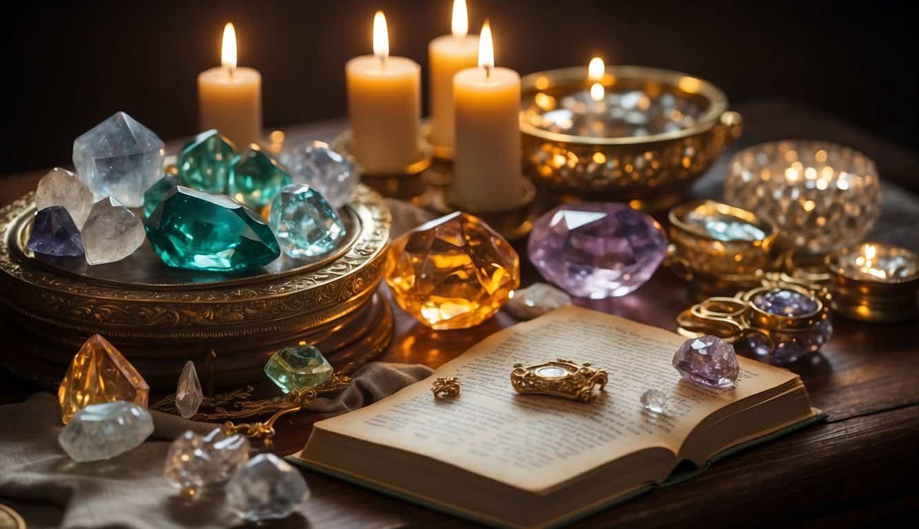 A table adorned with various crystals, symbolizing wealth and prosperity. A book titled "Guide to Crystals and Their Meanings" lies open beside them