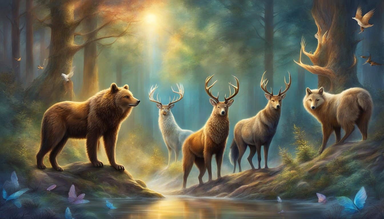 Animals roam a mystical forest, each representing a unique spirit. A bear, eagle, wolf, and deer stand together, emanating wisdom and strength