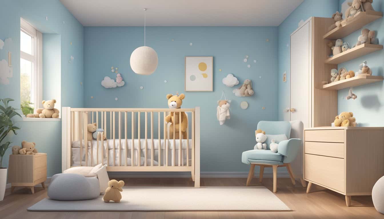 A peaceful bedroom with a crib, baby blue walls, and soft toys. A woman gazes lovingly at the empty crib, smiling with anticipation