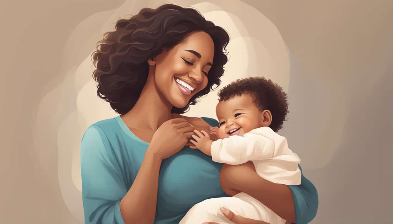 A joyful woman holding a baby boy, despite not being pregnant